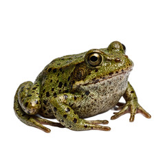 Naklejka premium Close up of a wild moor frog showcasing its smooth greenish brown skin with dark spots plump body webbed feet and reflective eyes