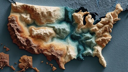 Textured topography USA map rendered in muted tones for land-based data analytics and spatial strategy visualization.