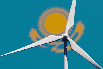 Wind turbine on a background of blurred flag of Kazakhstan. Wind power concept, selective focus © Hairem
