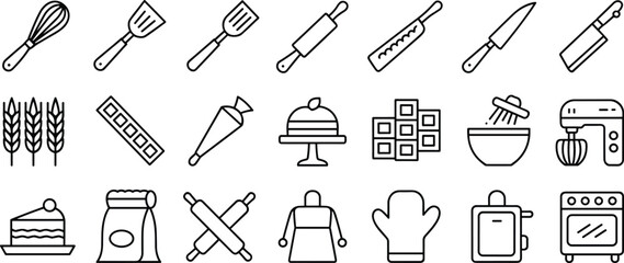 Baking tools and kitchen utensil icons set – pixel perfect editable stroke line icons for pastry, cooking, oven, mixer, apron