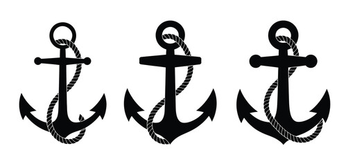 Three black nautical anchors with ropes on white background