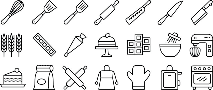 Baking tools and kitchen utensil icons set – pixel perfect editable stroke line icons for pastry, cooking, oven, mixer, apron
