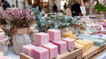 Colorful handmade soaps and dried flowers displayed at a craft market in autumn