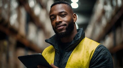Warehouse supervisor reviewing inventory on digital tablet