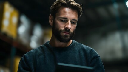 Warehouse supervisor examining inventory on a tablet computer