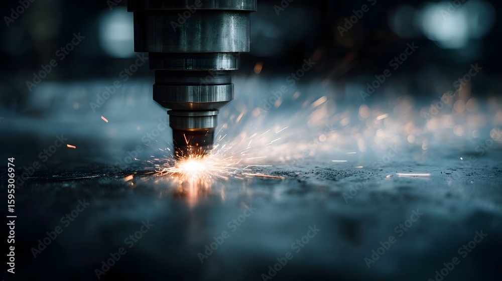 Poster a cnc hine cutting through a metal sheet creating intense sparks long title a cnc computer numerical