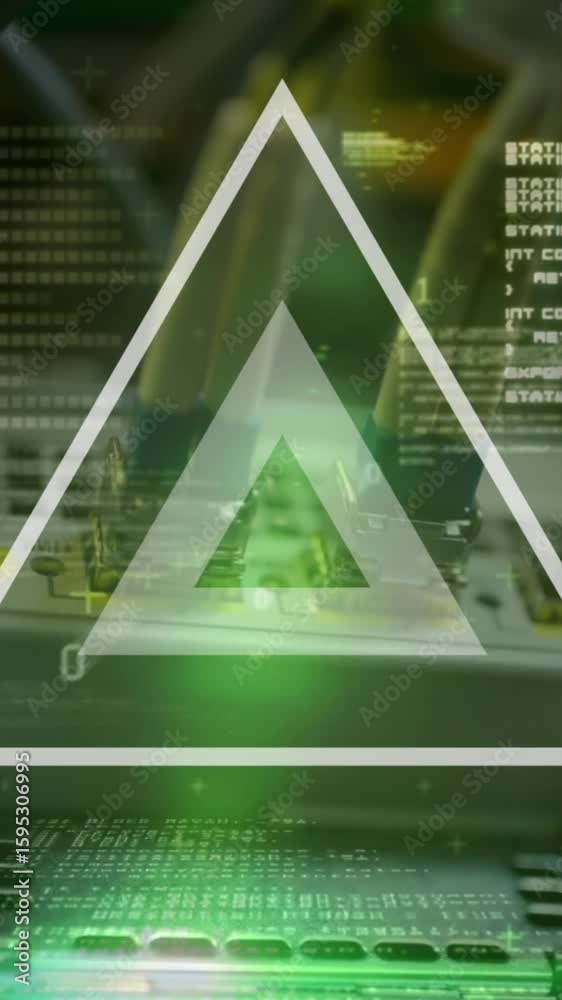Poster animation of triangular shapes in seamless pattern against close up of a computer server