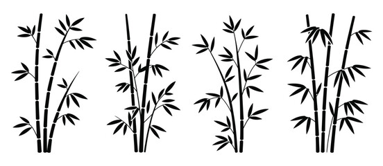 Black silhouette of bamboo stalks with leaves on white background