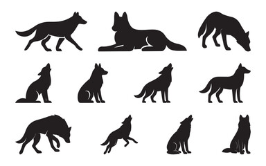 Collection of stylized wolf silhouettes:  running, howling, sitting, and lying down; vector graphics; black and white.