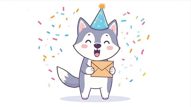 A cartoon husky dog in party hat, with envelope and confetti