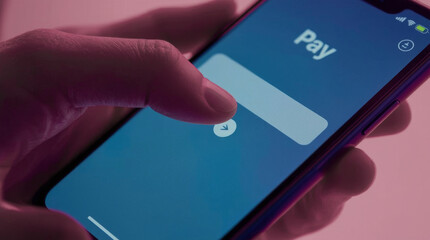 Mobile payment with wallet app and wireless nfc technology. Man paying and shopping with smartphone application. person's fingers pressing the "Pay" button on a smartphone screen