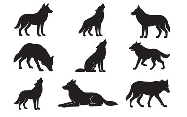 Nine Wolf Silhouettes:  Standing, Sitting, Howling, Walking;  Black and White Vector Graphics;  Wild, Majestic Mood.