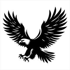 Black silhouette of a flying eagle with wings spread wide in white background