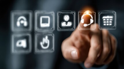 Touchscreen customer service panel with glowing support icons represents tech-enabled business help systems, user interface, and digital service automation.