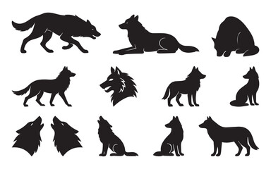 Collection of stylized wolf silhouettes:  powerful, majestic, and mysterious black and white vector graphics.