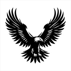 Black silhouette of a flying eagle with wings spread wide in white background