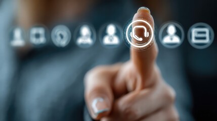 Touchscreen customer service panel with glowing support icons represents tech-enabled business help systems, user interface, and digital service automation.