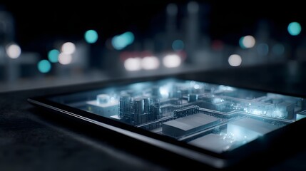 Futuristic production line visualized on a tablet screen