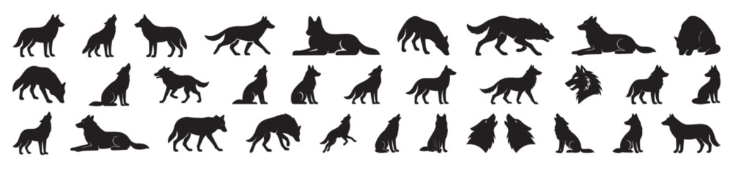Collection of Wolf Silhouettes:  Various Poses, Black and White, Wild Animal Vector Graphics.