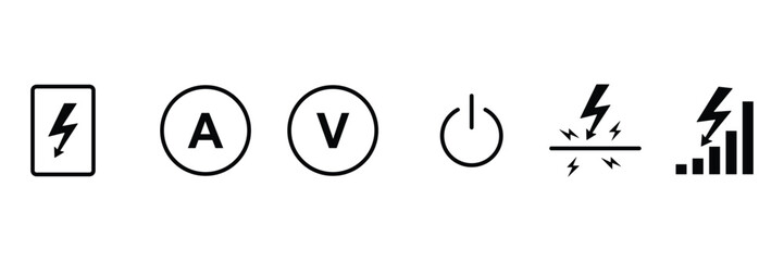 Electrical voltage marking glyph icon set. Vector pictograms of power plug, lightning, hazard, fuse, energy, warning tagout, black sign silhouette illustration.