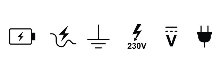 Electrical voltage marking glyph icon set. Vector pictograms of power plug, lightning, hazard, fuse, energy, warning tagout, black sign silhouette illustration.