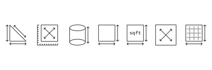 Dimension area and perimeter measure concept. editable stroke outline icons set. Square feet. Vector illustration.