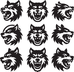 Nine fierce monochrome wolf head illustrations; snarling, stylized, mascot style.