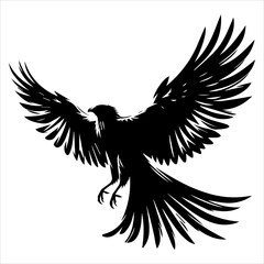 Black silhouette of a flying bird with wings spread wide in white background