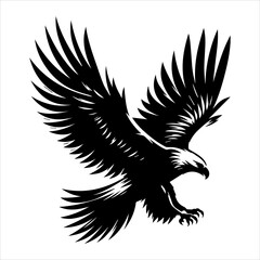 Black silhouette of a flying eagle with wings spread wide in a white background