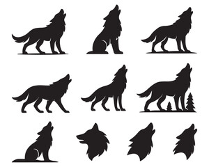 Collection of stylized howling wolf silhouettes:  powerful, majestic, and evocative of wilderness.