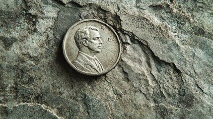 A single penny coin with a man's face on it, resting on a rough, rocky surface with a crack running through it.