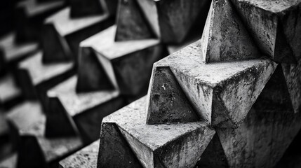 Monochrome Abstract Geometric Pattern of Stacked Concrete Triangles with a Textured Surface