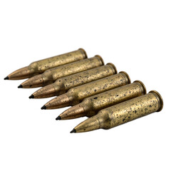 Shiny rifle cartridges in a row showcasing metallic details on a white backdrop Perfect for gun enthusiasts and military concepts