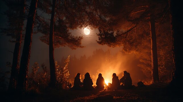 A group of teenagers sitting around a campfire telling ghost stories in the woods under a full moon with Halloween vibes real photo stock photography