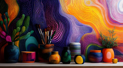 An experimental space where the artist creates bold, abstract patterns and vibrant textures.