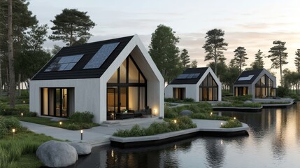 Modern lakeside houses with solar panels on roofs are surrounded by trees and water, reflecting sustainable living in a peaceful natural setting at dusk.