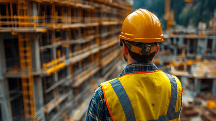 Construction Worker Surveying a Modern Building Project