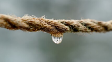 Close-up of a water droplet on a tan rope