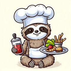 Cute sloth chef serving food cartoon vector icon illustration