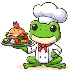 Cute frog chef serving food cartoon vector icon illustration