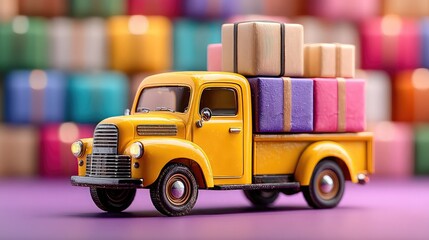 Toy truck carries oversized parcels on vibrant surface, representing playful delivery concept in retail or e-commerce.
