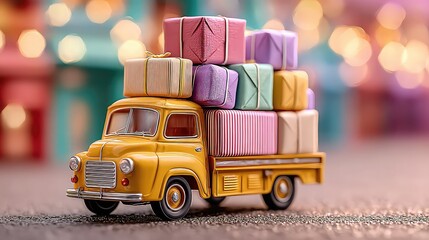 Toy truck carries oversized parcels on vibrant surface, representing playful delivery concept in retail or e-commerce.