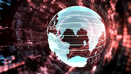 Digital globe with ring lines rotates in a stream of red and blue pixels. Concept of global communication, internet, data transfer, digital world and information technology. - Powered by Adobe