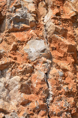 A vibrant, close-up view of a rugged rock face showcases an array of warm earthy tones, ranging from deep reddish-browns to lighter oranges and beiges, with pronounced cracks and shadows