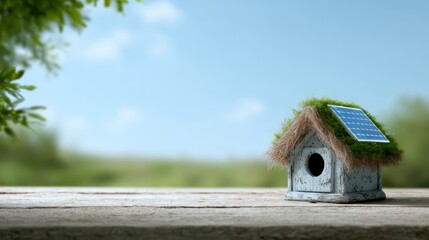A small birdhouse with a grass roof and a solar panel sits on a wooden surface against a clear blue sky and blurred greenery.