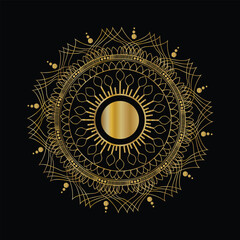 Intricate golden sun mandala on a black background