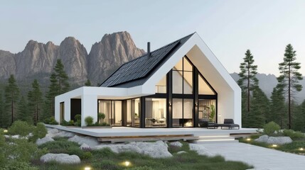 Modern white cabin with large windows, surrounded by pine trees and mountains, featuring solar panels on the roof and outdoor seating.
