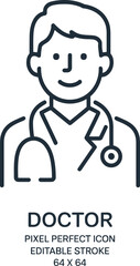 Doctor line icon, medical professional illustration, healthcare avatar, male physician symbol, stethoscope vector, editable outline medical icon