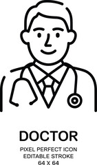 Doctor line icon, male medical professional, healthcare symbol, stethoscope illustration, modern outline avatar, editable stroke, vector graphic