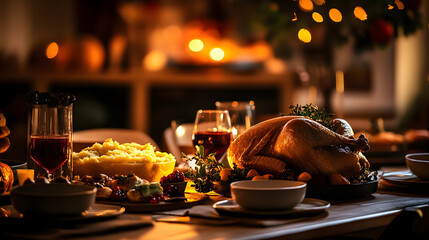 An inviting Thanksgiving dinner with a large, golden turkey, mashed potatoes, cranberry sauce, stuffing, and homemade pumpkin pie, family members gathered for a joyful feast.